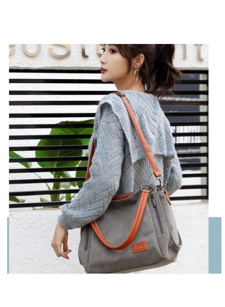 Large capacity shoulder bag casual canvas carrying bag long shoulder strap crossbody multiple pockets suitable for young women teenagers school shopping grey - Image 2