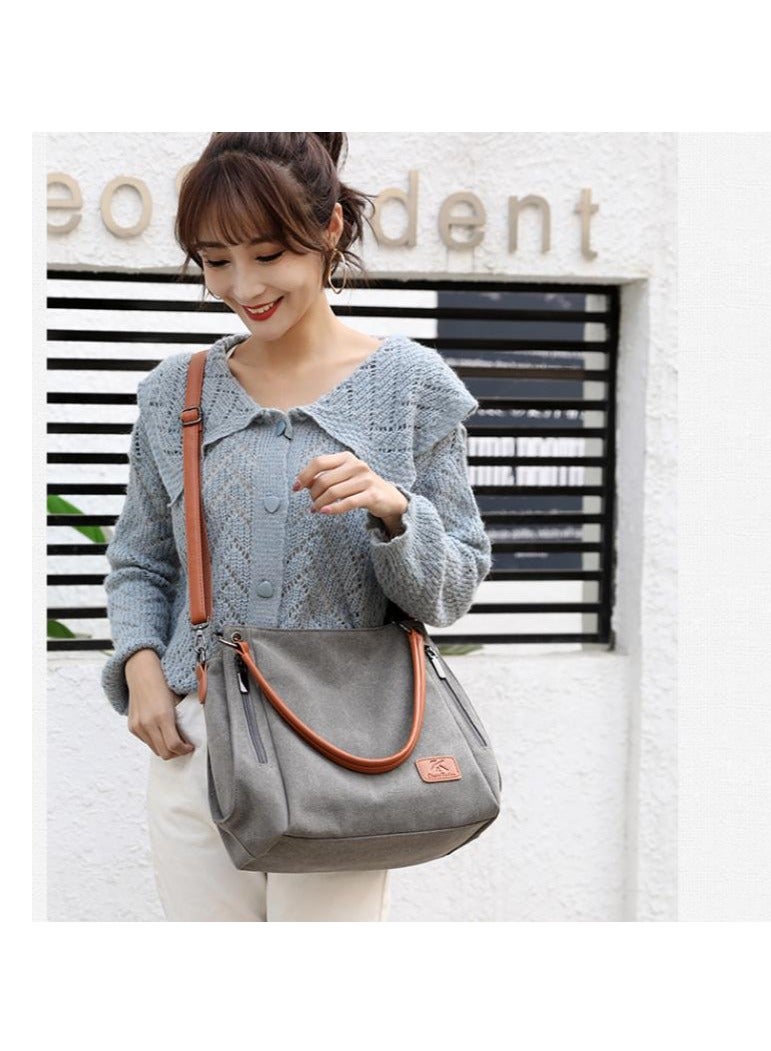 Large capacity shoulder bag casual canvas carrying bag long shoulder strap crossbody multiple pockets suitable for young women teenagers school shopping grey - Image 1