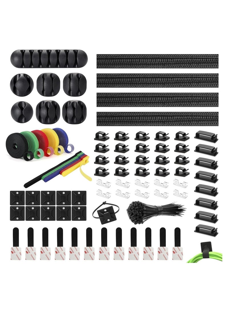 DMG TECH - 204pcs Cord Management Kit, Include 4 Cable Sleeve Split with 45 Self Adhesive Cable Clips Holder, 5 Rolls and 30 pcs Adhesive Ties, 100 Nylon Fasten Cable Ties for TV Office Car Desk Home - Image 1