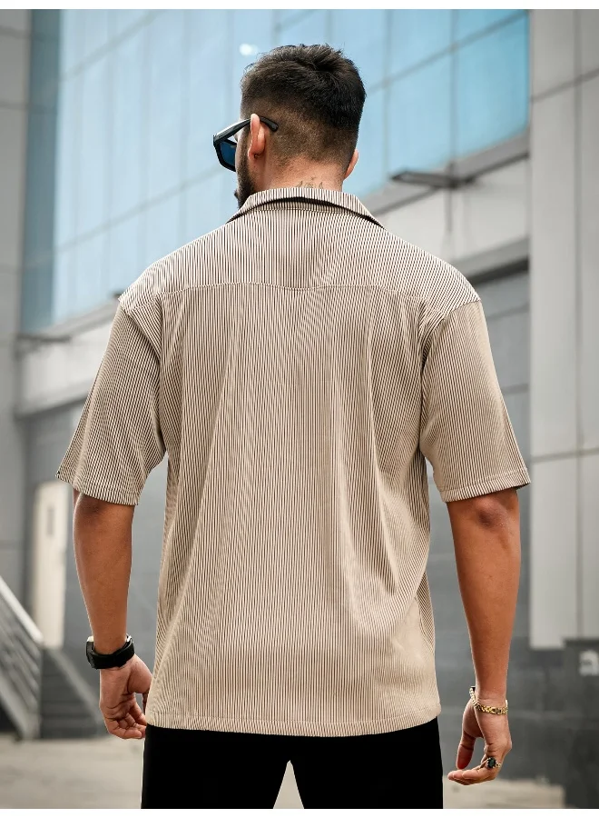 Maniac Maniac Men Stripe Textured Collared Neck 3/4th Sleeve Beige Polyester Shirt
