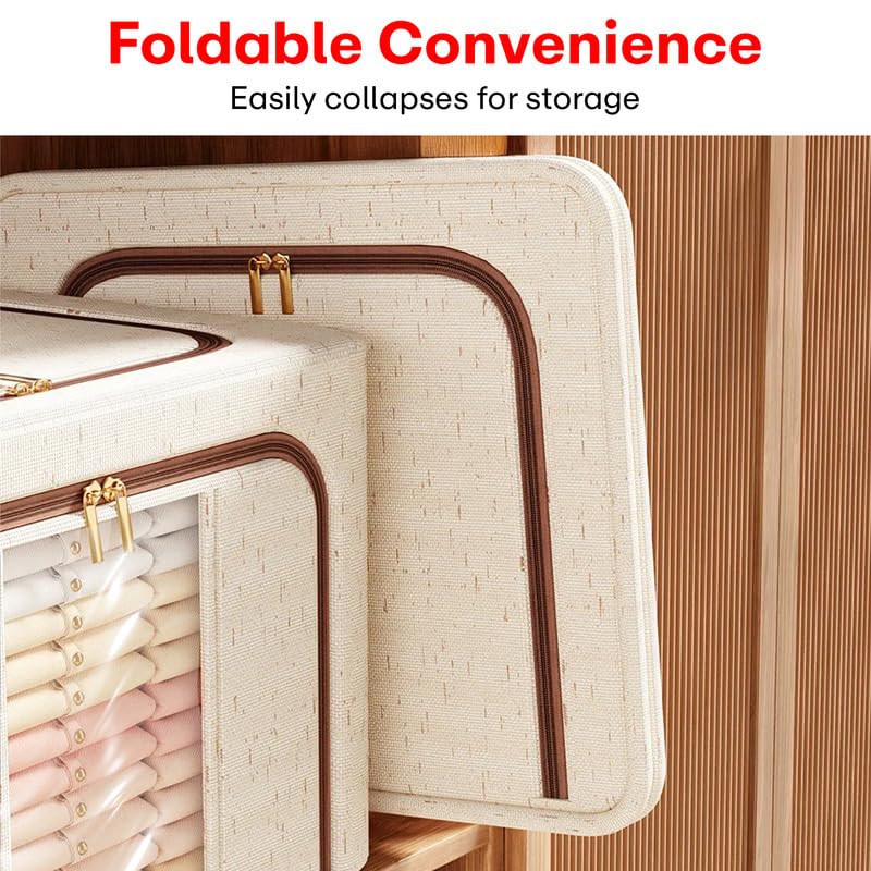 Prime Pick Storage Box Foldable Cotton Linen Cloth Organizer with Lid Reinforced Handles Washable Wardrobe Storage for Clothes Almirah Drawer Beige Pack of 1 - Image 2