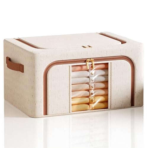 Prime Pick Storage Box Foldable Cotton Linen Cloth Organizer with Lid Reinforced Handles Washable Wardrobe Storage for Clothes Almirah Drawer Beige Pack of 1 - Image 1