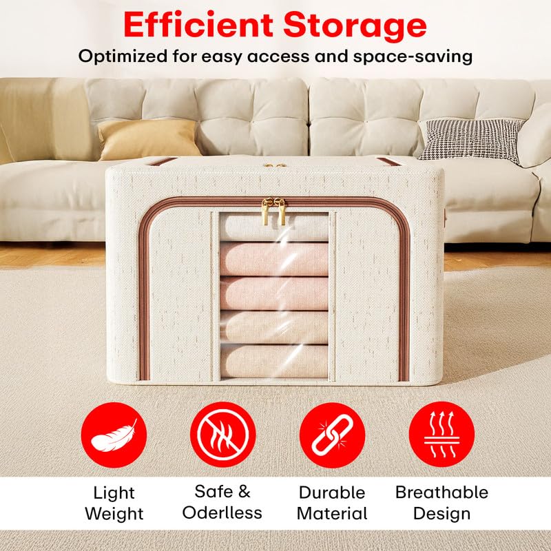 Prime Pick Storage Box Foldable Cotton Linen Cloth Organizer with Lid Reinforced Handles Washable Wardrobe Storage for Clothes Almirah Drawer Beige Pack of 1 - Image 5