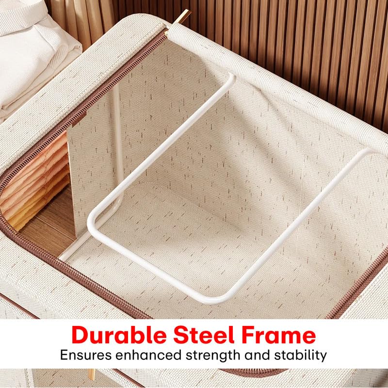 Prime Pick Storage Box Foldable Cotton Linen Cloth Organizer with Lid Reinforced Handles Washable Wardrobe Storage for Clothes Almirah Drawer Beige Pack of 1 - Image 4
