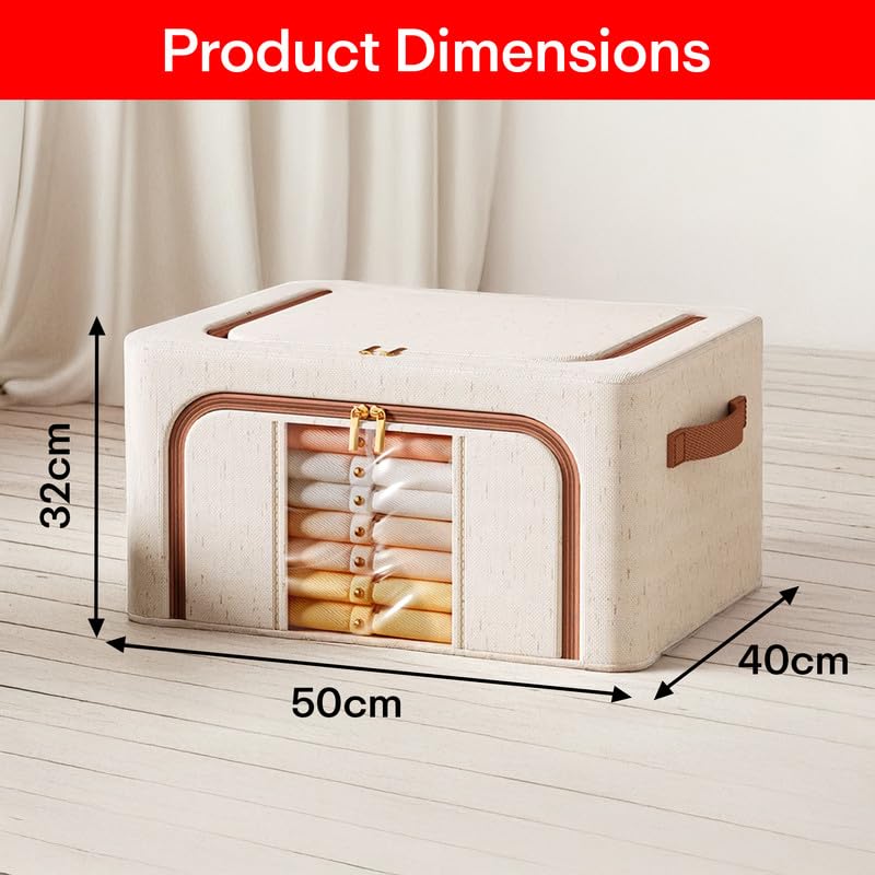 Prime Pick Storage Box Foldable Cotton Linen Cloth Organizer with Lid Reinforced Handles Washable Wardrobe Storage for Clothes Almirah Drawer Beige Pack of 1 - Image 3