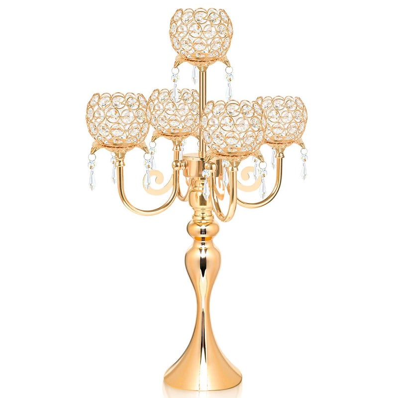 Kehail 5 Arm Gold Candle Holder 22.5 Inch Tall Crystal with Pendant, Romantic Home Decor Elegant Candlestick Holder for Dates Wedding Receptions Holiday Party Important Events - Image 1