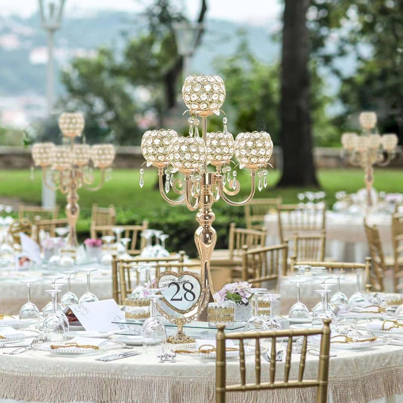 Kehail 5 Arm Gold Candle Holder 22.5 Inch Tall Crystal with Pendant, Romantic Home Decor Elegant Candlestick Holder for Dates Wedding Receptions Holiday Party Important Events - Image 4