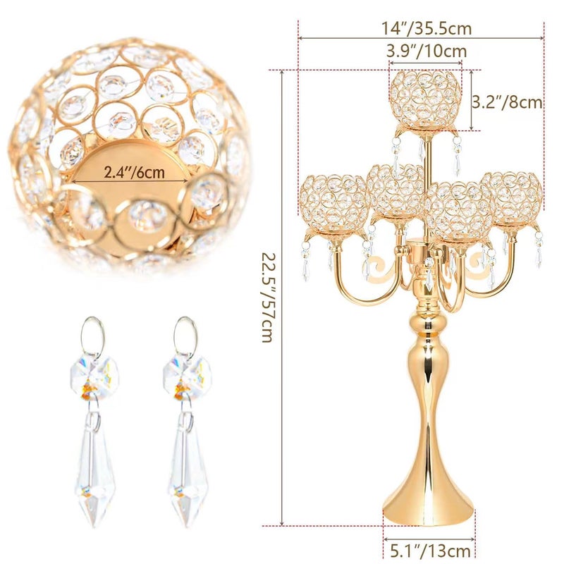 Kehail 5 Arm Gold Candle Holder 22.5 Inch Tall Crystal with Pendant, Romantic Home Decor Elegant Candlestick Holder for Dates Wedding Receptions Holiday Party Important Events - Image 2