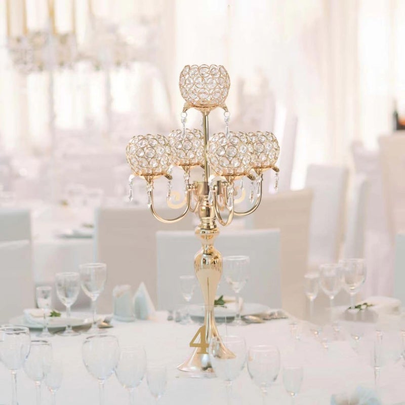 Kehail 5 Arm Gold Candle Holder 22.5 Inch Tall Crystal with Pendant, Romantic Home Decor Elegant Candlestick Holder for Dates Wedding Receptions Holiday Party Important Events - Image 3