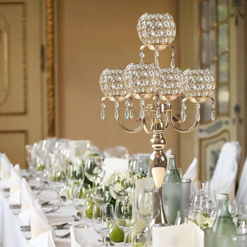 Kehail 5 Arm Gold Candle Holder 22.5 Inch Tall Crystal with Pendant, Romantic Home Decor Elegant Candlestick Holder for Dates Wedding Receptions Holiday Party Important Events - Image 5