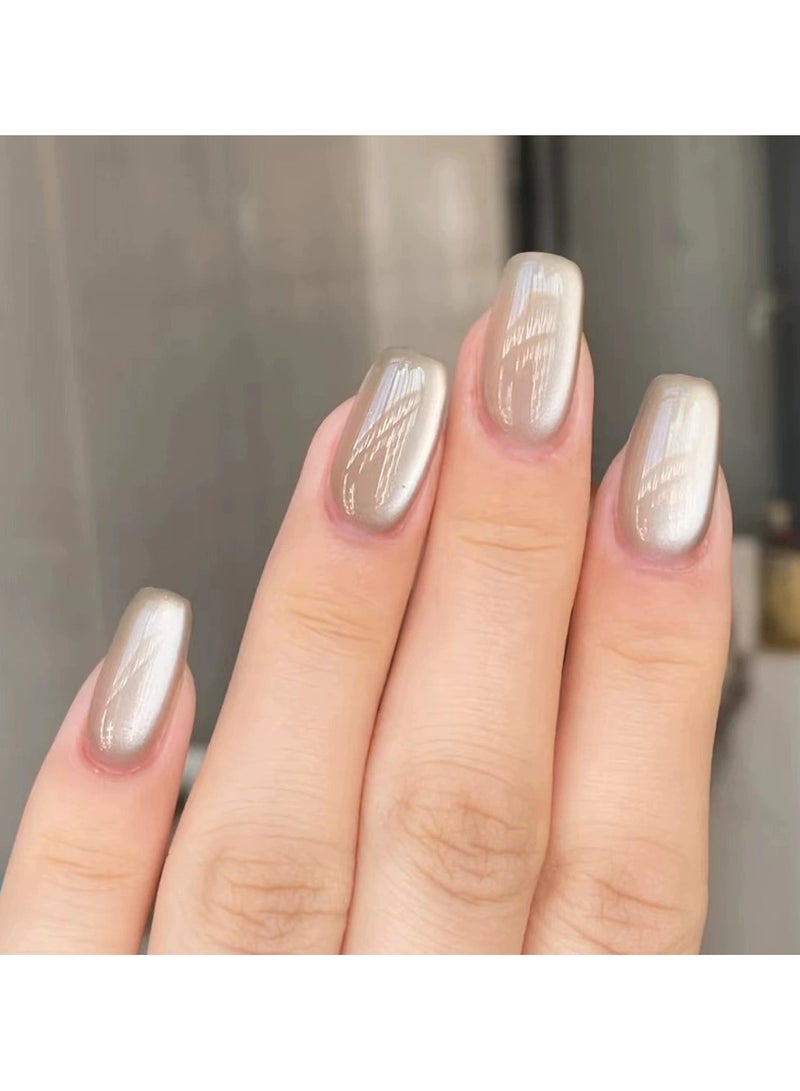 Goolsky Champagne Cat Eye Crystal Press On Nails Elegant Nude Glam Gold Fake Nail Tips  - Image 2