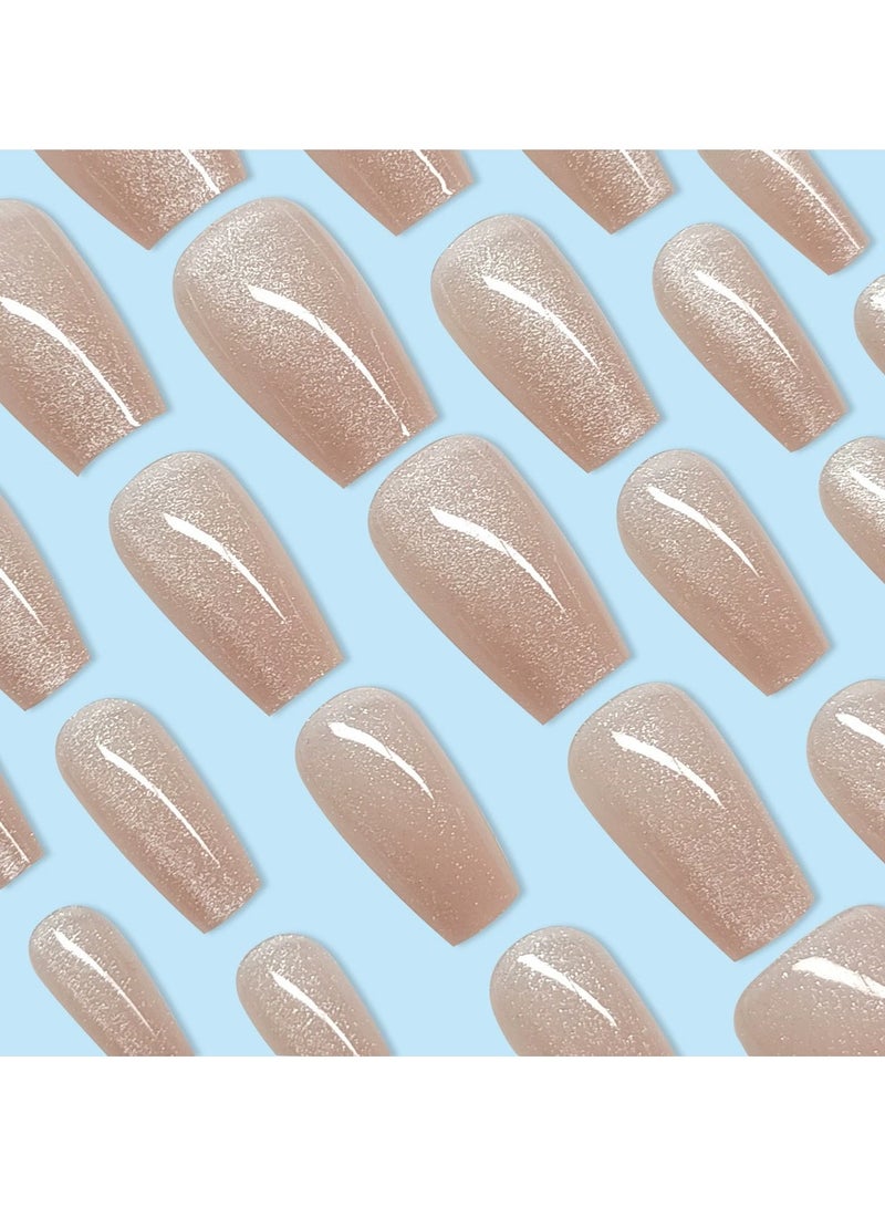 Goolsky Champagne Cat Eye Crystal Press On Nails Elegant Nude Glam Gold Fake Nail Tips  - Image 4