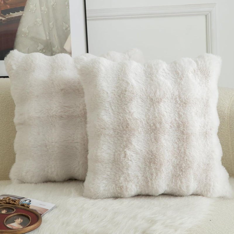 MANDIOO Pack of 2 Thick Plush Wool Decorative Throw Pillow Covers Super Soft Wave Bubble Fur Velvet Cushion Covers Pillow Shams for Couch Bed Living Room 18x18 Inch Cream White - Image 2