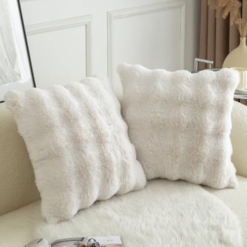 MANDIOO Pack of 2 Thick Plush Wool Decorative Throw Pillow Covers Super Soft Wave Bubble Fur Velvet Cushion Covers Pillow Shams for Couch Bed Living Room 18x18 Inch Cream White - Image 3