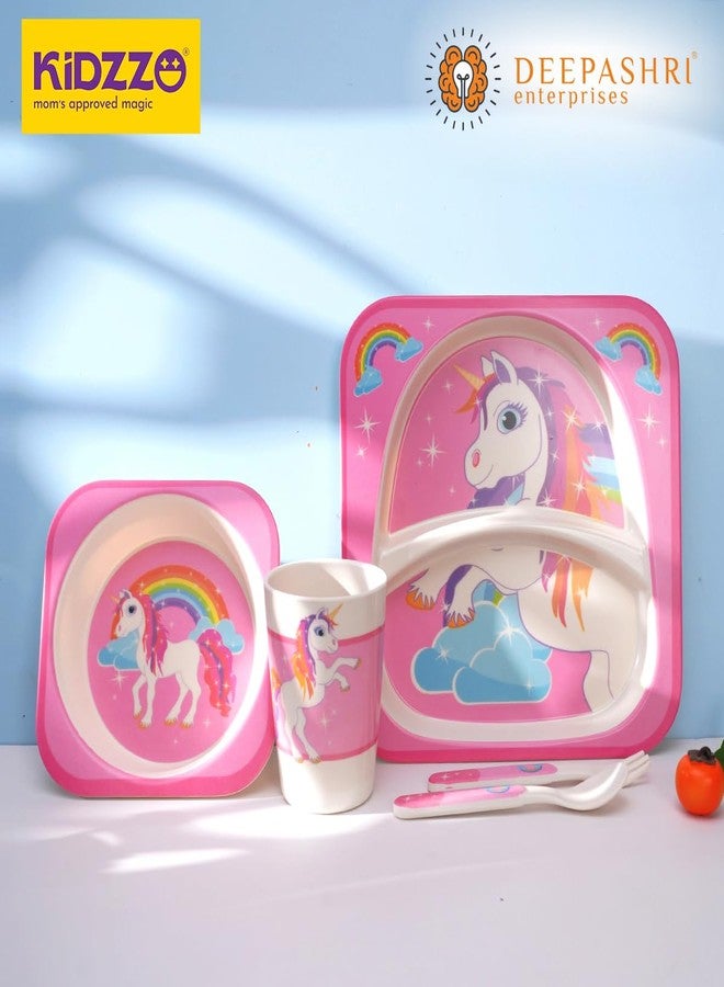 Deepashri™ Unicorn Shape Bamboo Fibre Dinner Set for Kids | Eco-Friendly Biodegradable Tableware with Plate Bowl Cup Spoon Fork | Safe Feeding Utensils for Toddlers & Children | Set of 5 Pieces - Image 3