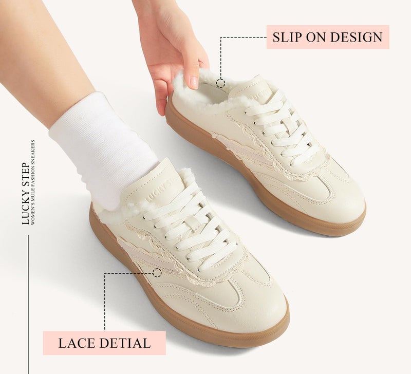 LUCKY STEP Womenâ€™s Mule Fashion Sneakers Slip On Backless Walking Shoes Winter Retro Comfy Casual Sneaker(9 M US Beige) - Image 5
