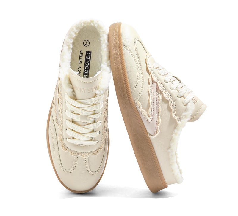 LUCKY STEP Womenâ€™s Mule Fashion Sneakers Slip On Backless Walking Shoes Winter Retro Comfy Casual Sneaker(9 M US Beige) - Image 1