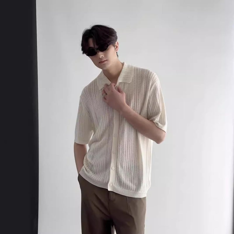 Hong Kong Style Vintage Hollow Lapel Short-sleeved Mens Sweater Fashionable Lace Breathable Shirt Cardigan T-shirt Summer Puffy Handsome Grey - Image 2