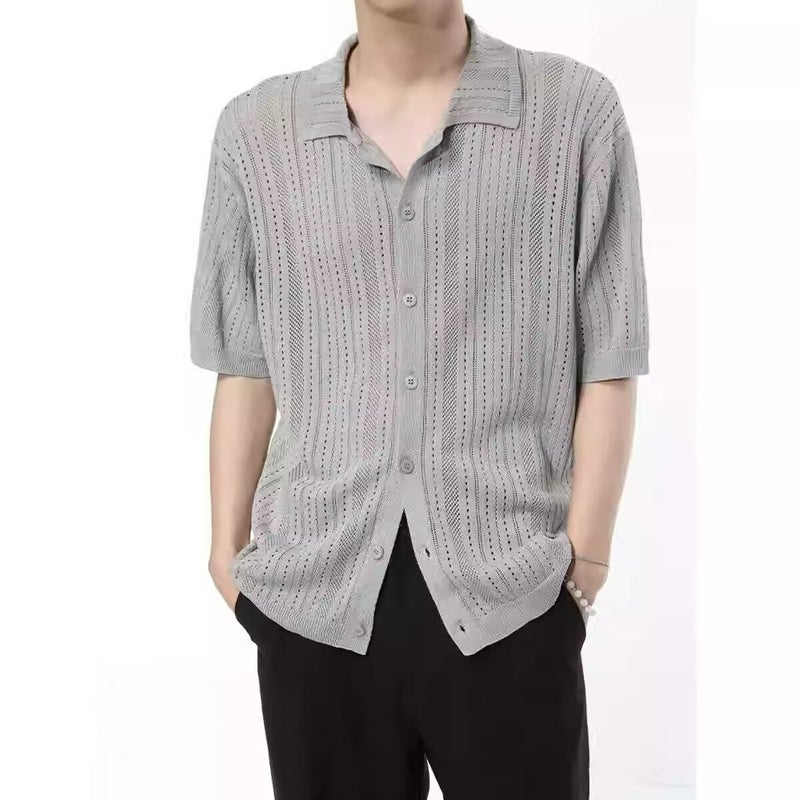 Hong Kong Style Vintage Hollow Lapel Short-sleeved Mens Sweater Fashionable Lace Breathable Shirt Cardigan T-shirt Summer Puffy Handsome Grey - Image 1