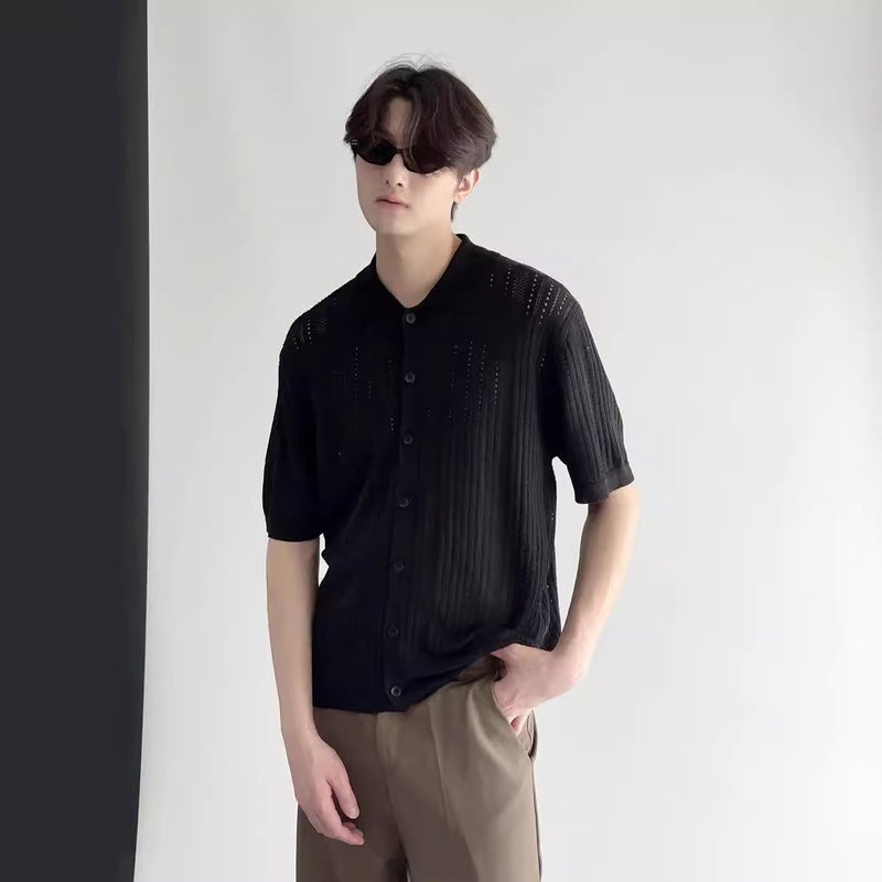 Hong Kong Style Vintage Hollow Lapel Short-sleeved Mens Sweater Fashionable Lace Breathable Shirt Cardigan T-shirt Summer Puffy Handsome Grey - Image 3