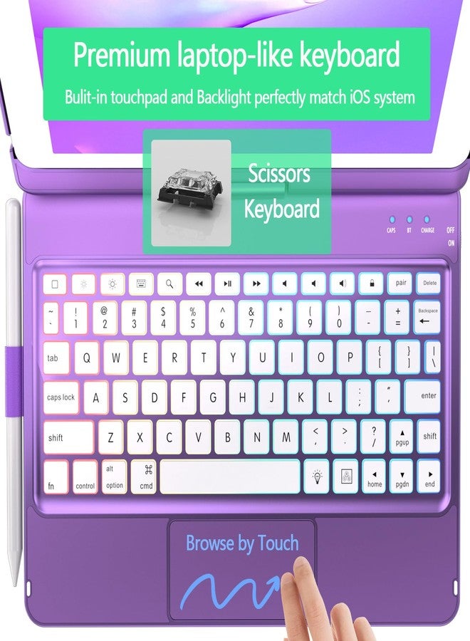 HOTLIFE Case with Keyboard for iPad 10.2,Touch Trackpad Keyboard Case for iPad 9th Generation/8th/7th Gen, 10 Corlor Backlit - 360° Rotatable Protective Cover with Pencil Holder (Deep Purple) - Image 5