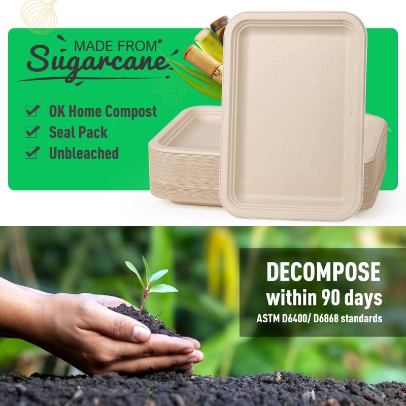 Gezond 50 Pack 14 Inch Disposable Food Trays Eco-friendly Heavy-Duty Large Paper Plates Compostable Sugarcane Platters for Crawfish Lobster Seafood Party Natural - Image 3