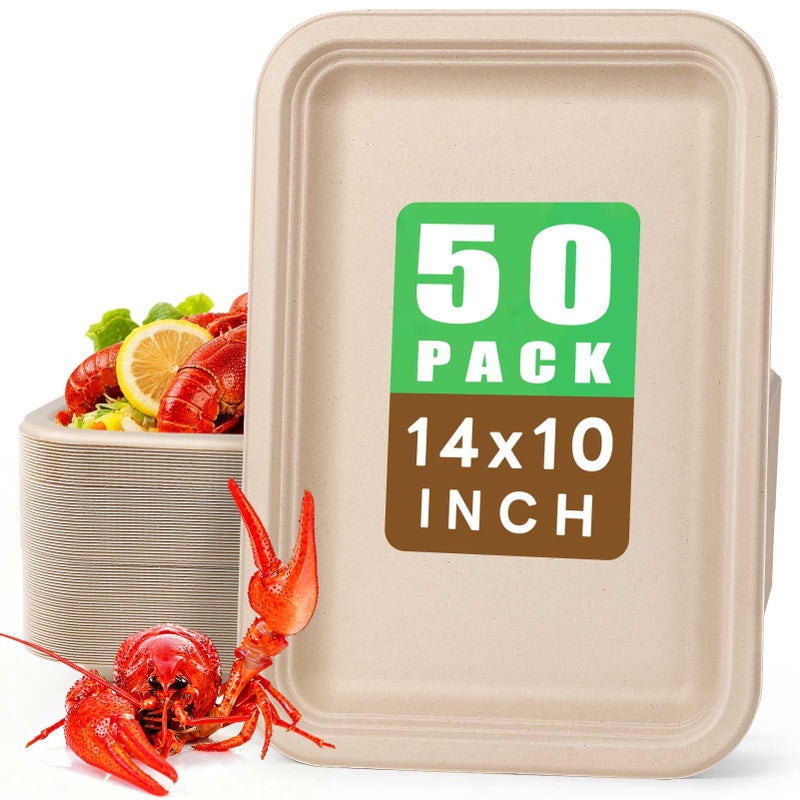 Gezond 50 Pack 14 Inch Disposable Food Trays Eco-friendly Heavy-Duty Large Paper Plates Compostable Sugarcane Platters for Crawfish Lobster Seafood Party Natural - Image 1