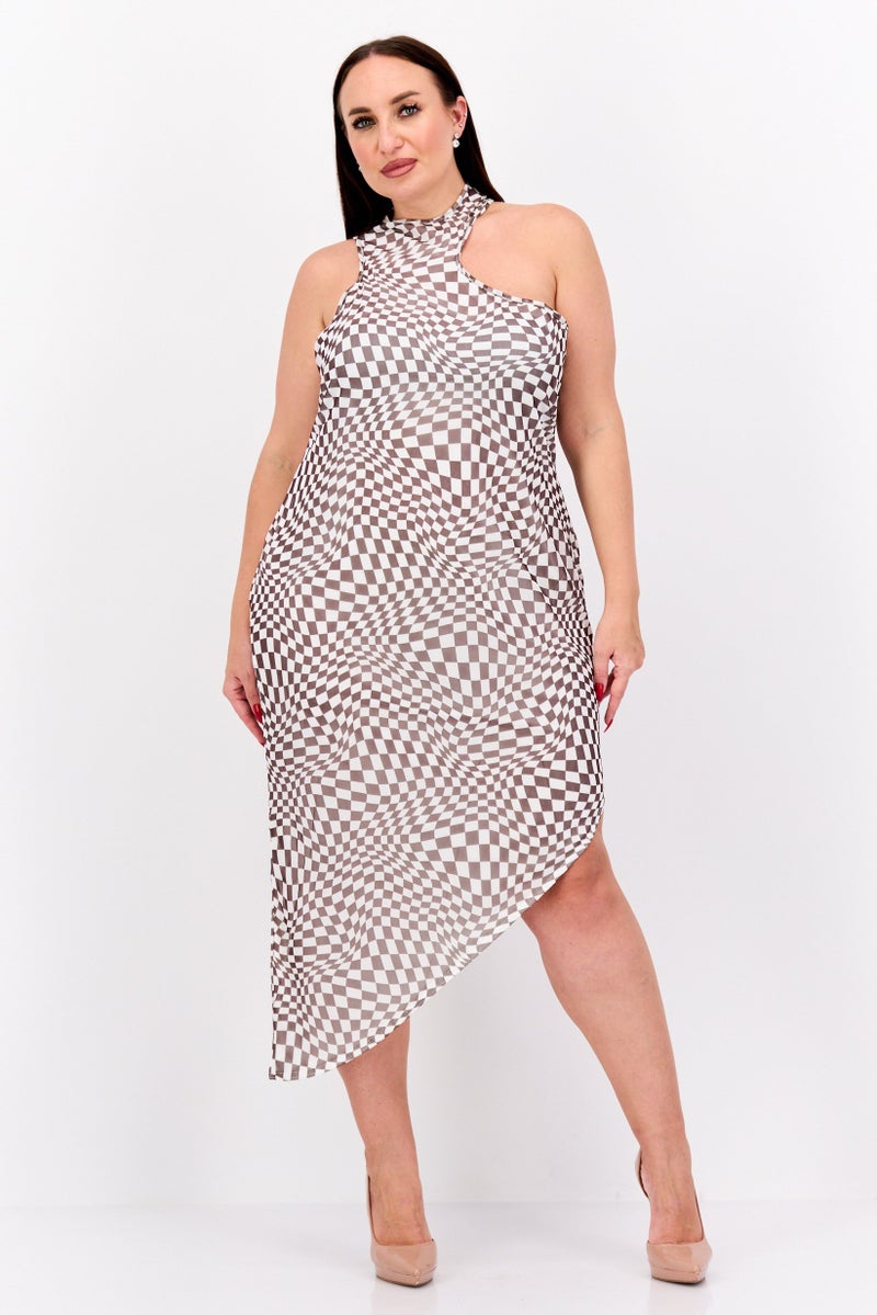 In the style فستان ميدي غير متساوي للنساء بتصميم مربعات، بني - Image 1