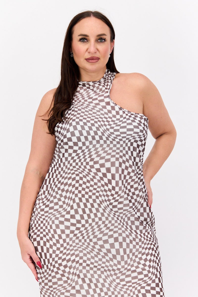 In the style فستان ميدي غير متساوي للنساء بتصميم مربعات، بني - Image 2