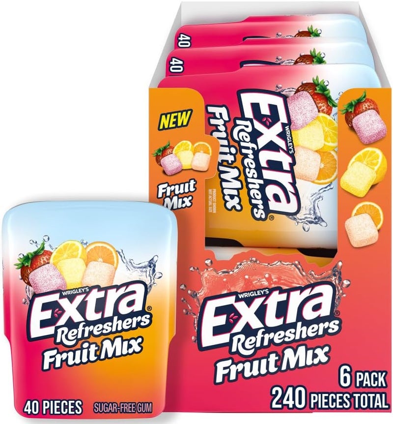 EXTRA Refreshers Fruit Mix Sugar-Free Chewing Gum - 240 Pieces in 6 Convenient Bottles - Image 1