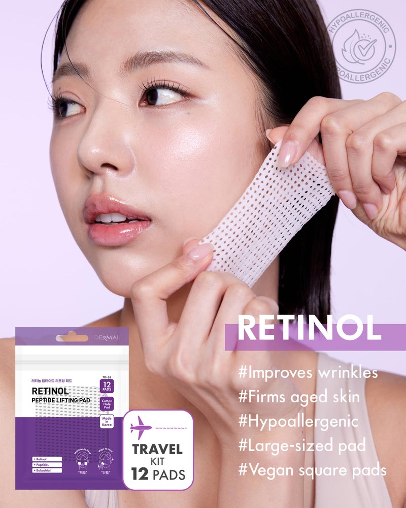 DERMAL Retinol Peptide Lifting Pad - Korean Toner Pad for Anti-Aging & Wrinkles with Bakuchiol - Vegan Pure Cotton Square Pads - Travel Kit 12 Pads, 3 Pack (Total 36 ea) - Image 2