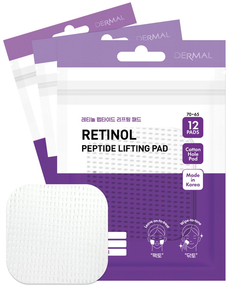 DERMAL Retinol Peptide Lifting Pad - Korean Toner Pad for Anti-Aging & Wrinkles with Bakuchiol - Vegan Pure Cotton Square Pads - Travel Kit 12 Pads, 3 Pack (Total 36 ea) - Image 1