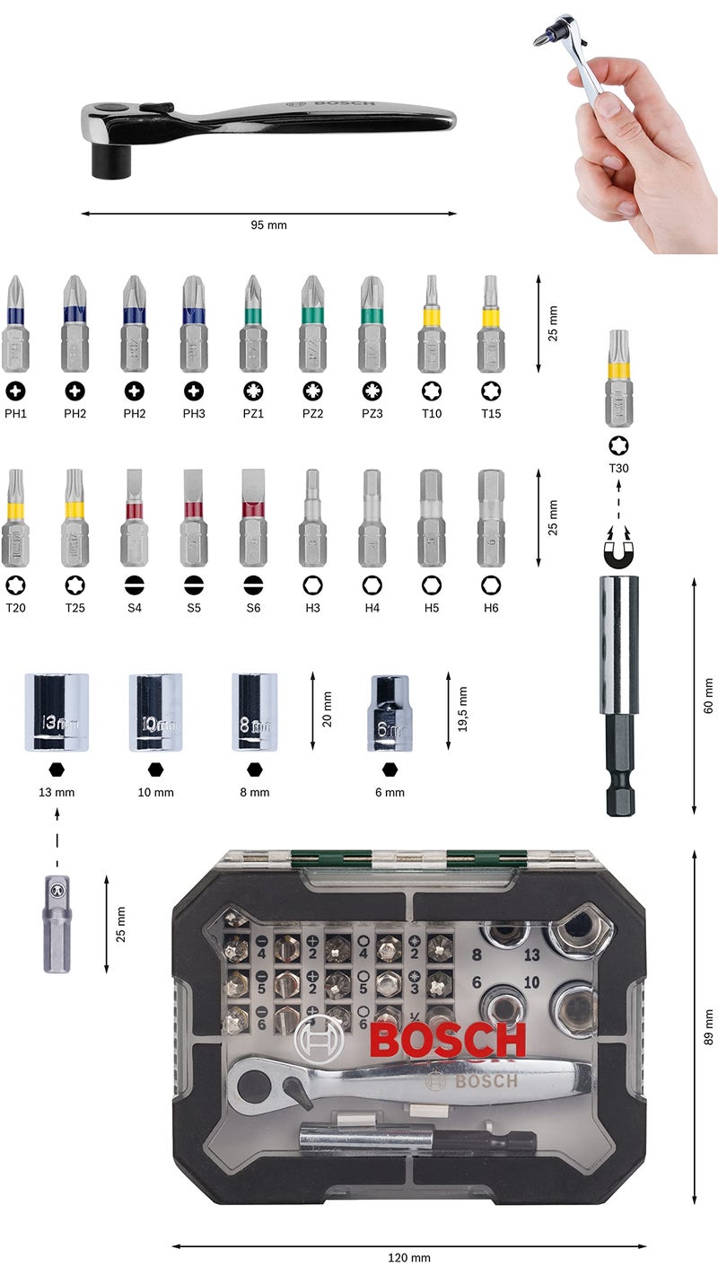 Bosch Screwdriver Bit And Ratchet Set, 26 Pieces, With 25mm Screwdriver Bits And A Ratchet For Fastening And Loosening Screws - Image 2