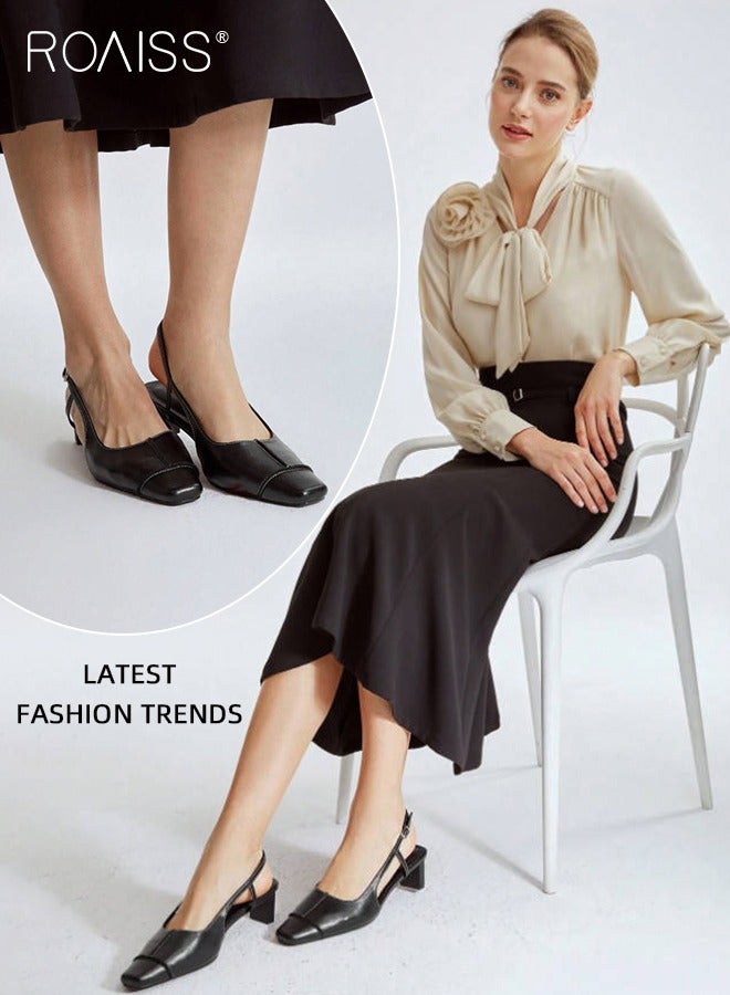 roaiss Premium Comfortable Slingback Pumps for Women Square Toe Mid Heel Sandals with Buckle Ladies Retro Elegant Chunky Heel Leather Hollow Back Sandals for Office or Vacation Black - Image 2