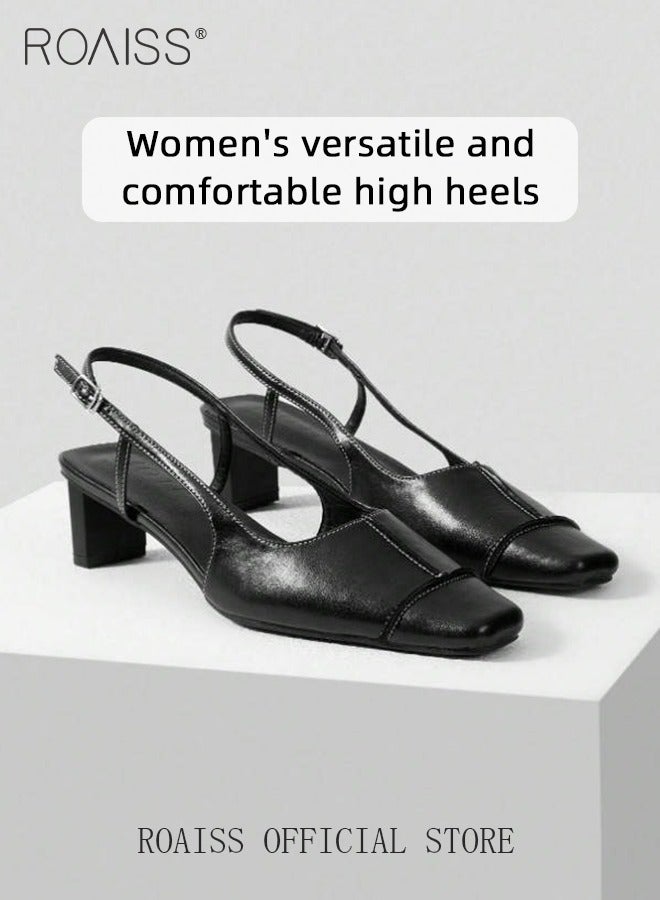 roaiss Premium Comfortable Slingback Pumps for Women Square Toe Mid Heel Sandals with Buckle Ladies Retro Elegant Chunky Heel Leather Hollow Back Sandals for Office or Vacation Black - Image 4