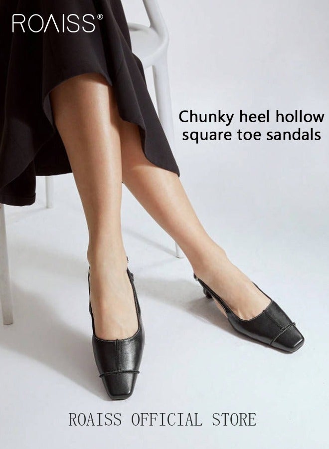 roaiss Premium Comfortable Slingback Pumps for Women Square Toe Mid Heel Sandals with Buckle Ladies Retro Elegant Chunky Heel Leather Hollow Back Sandals for Office or Vacation Black - Image 3
