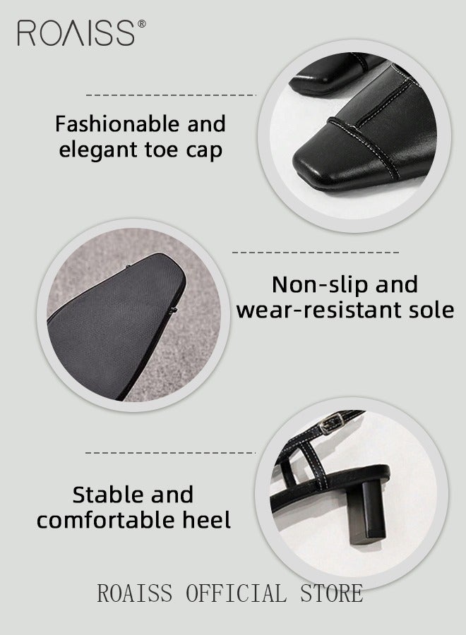 roaiss Premium Comfortable Slingback Pumps for Women Square Toe Mid Heel Sandals with Buckle Ladies Retro Elegant Chunky Heel Leather Hollow Back Sandals for Office or Vacation Black - Image 5