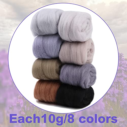 WONVOC Needle Felting Wool 80g, Wool Roving, 8 Colors, Bulk, for DIY Crafts & Felting, 10g/Color, Grey - Image 2