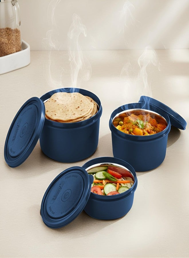 Unify 3 Pieces Stainless Steel Lunch Box | Microwave Safe Leak-Proof Food Storage Containers with Lids for Office, School, Kitchen (Blue, Capacity - 600ml, 400ml, 250ml) - Image 1