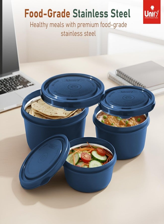 Unify 3 Pieces Stainless Steel Lunch Box | Microwave Safe Leak-Proof Food Storage Containers with Lids for Office, School, Kitchen (Blue, Capacity - 600ml, 400ml, 250ml) - Image 2