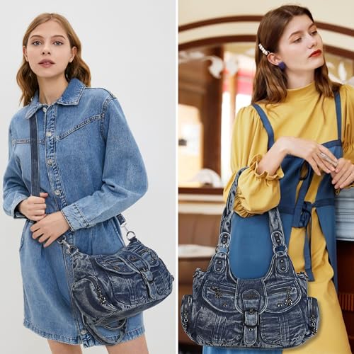 Angel Kiss Hobo Bags for Women Denim Shoulder Purses and Hand bags Ladies Roomy Tote Bags Purse with Crossbody Strap,Blue - Image 2