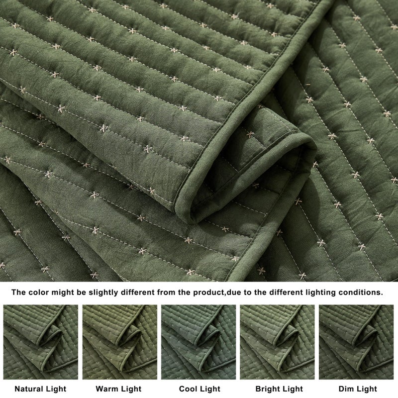 WDCOZY Olive Green Cross Stitch King Size Quilt Set, Striped Lightweight Soft Bedspread, Channel Farmhouse Rustic Coverlet, All Season Country Bedding, Thin Comforter - Image 4