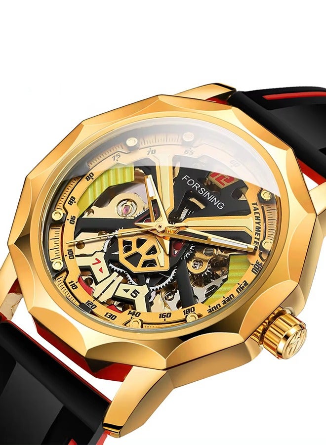 FORSINING ​​Forsining Men's Fashion Skeleton Watch - Rose Gold-Tone Case with Black Openworked Dial, Hand-Winding Movement, Contemporary Luxury Design, Versatile Business Casual Style for Daily Wear & Formal Occasions​​  - Image 1