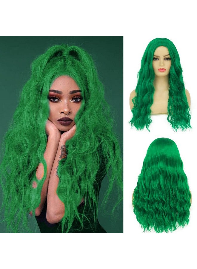 Beweig Long Curly Wavy Green Wig For Women Middle Part Costume Cosplay Wig Synthetic Hair Replacement Wig - Image 2