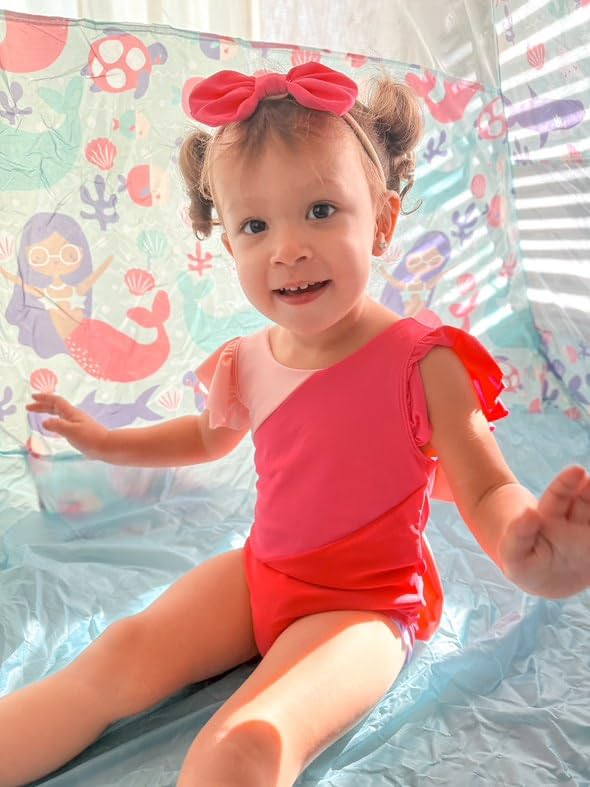 HIHA Infant Swimsuit Girls Baby One Piece Swimwear Ruffle Beach Color Block Stripe Bathing Sunsuit Neon Hot Pink 6-12 Months - Image 3