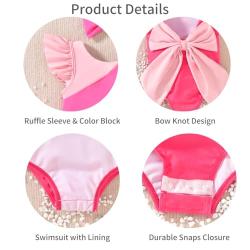 HIHA Infant Swimsuit Girls Baby One Piece Swimwear Ruffle Beach Color Block Stripe Bathing Sunsuit Neon Hot Pink 6-12 Months - Image 5