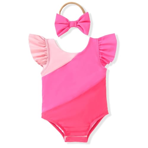 HIHA Infant Swimsuit Girls Baby One Piece Swimwear Ruffle Beach Color Block Stripe Bathing Sunsuit Neon Hot Pink 6-12 Months - Image 1
