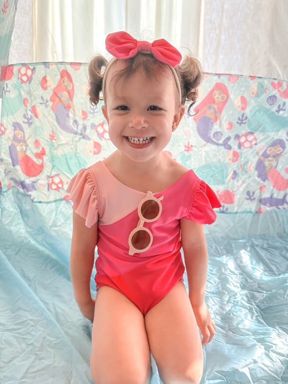 HIHA Infant Swimsuit Girls Baby One Piece Swimwear Ruffle Beach Color Block Stripe Bathing Sunsuit Neon Hot Pink 6-12 Months - Image 2