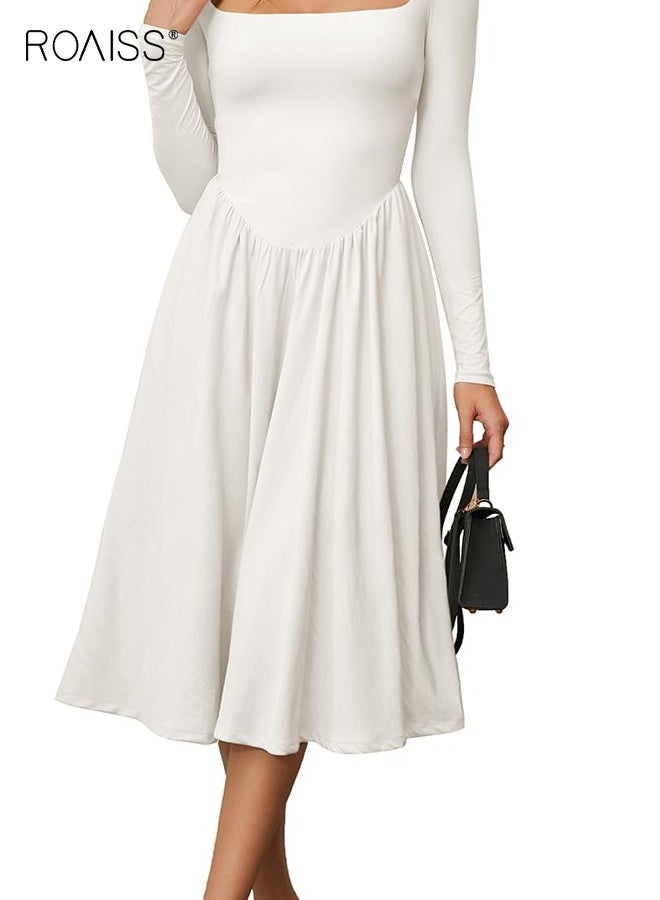 رويس فستان بأكمام طويلة ورقبة مربعة بلون سادة، تنورة هيبورن بخصر مرتفع للنساء، تنورة طويلة بيضاء ضيقة ومطرزة بكسرات - Image 4