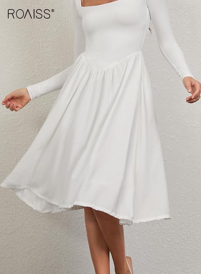 رويس فستان بأكمام طويلة ورقبة مربعة بلون سادة، تنورة هيبورن بخصر مرتفع للنساء، تنورة طويلة بيضاء ضيقة ومطرزة بكسرات - Image 5